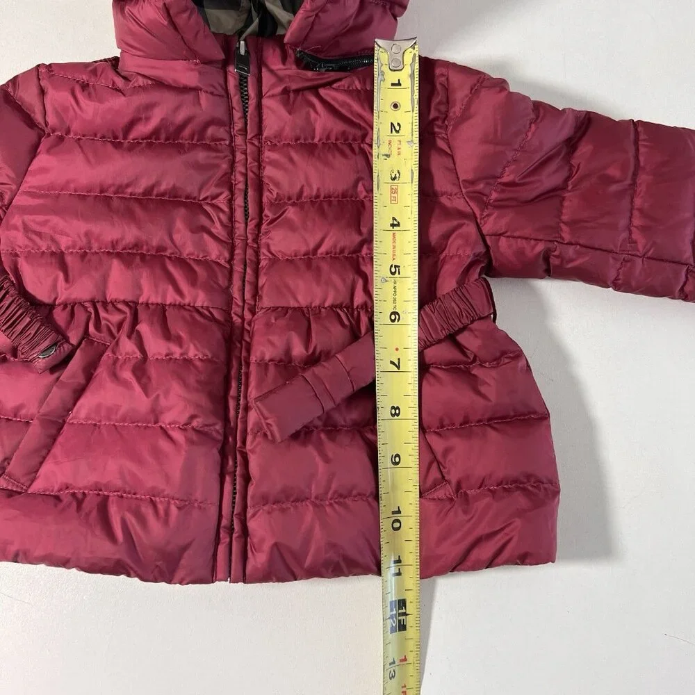 Burberry Puffer Coat Baby Girl 6 Months Maroon Goose Down Hooded Plaid Lined - Picture 6 of 7